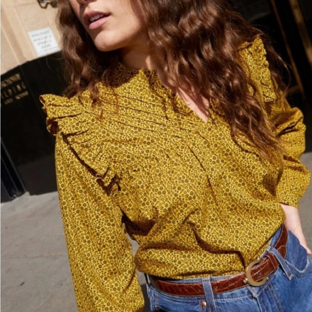Nation LTD Mustard Floral Ruffle Blouse